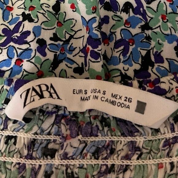 Zara Blue Floral Smocked V Neck Sleeveless Cami Camisole Slit Sheath Midi Dress - Picture 9 of 13